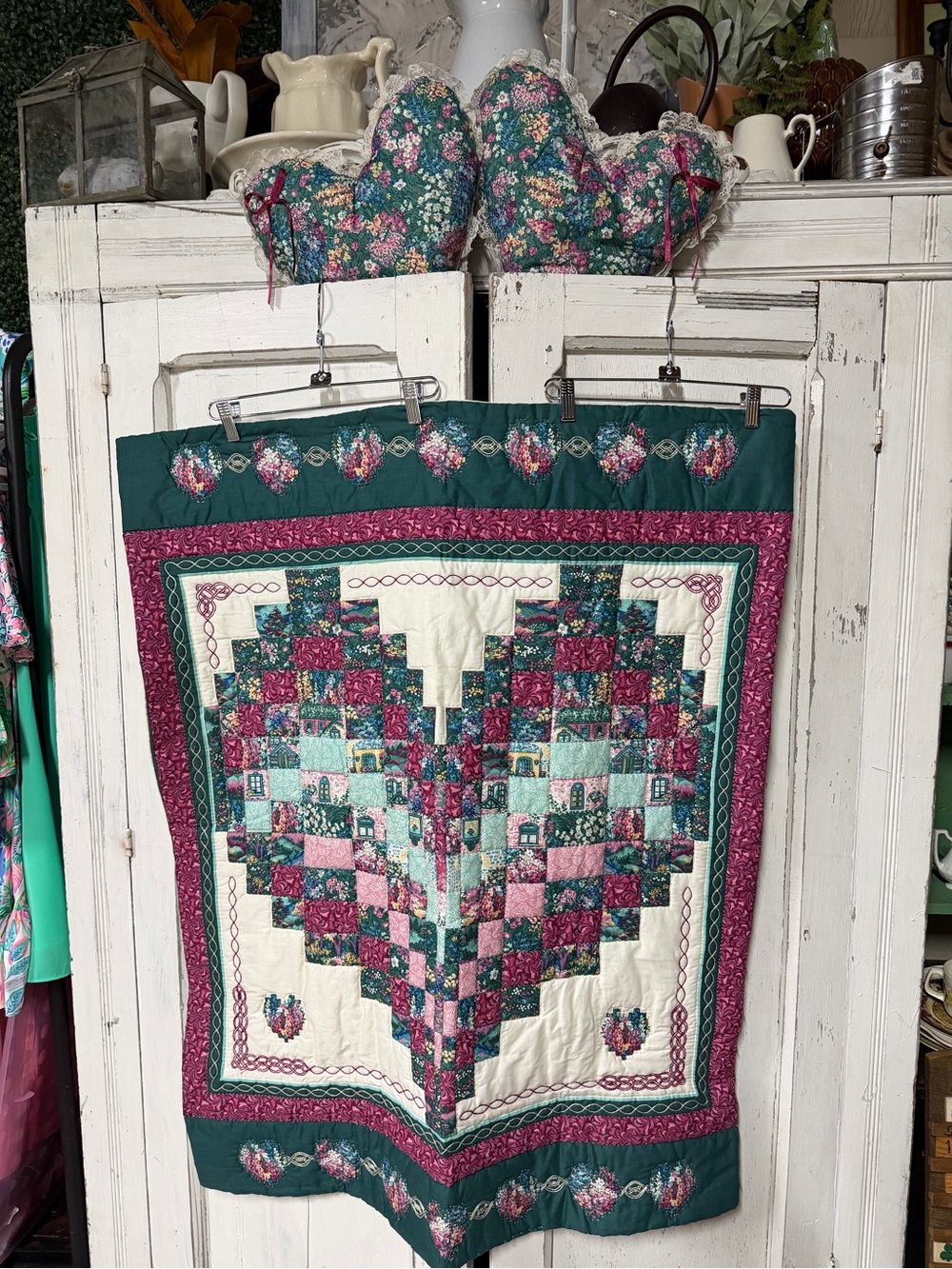 Cottagecore Floral Heart Patchwork Throw Quilt with matching pillows